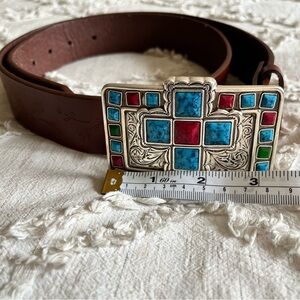 Western Cowgirl Brown Tooled Leather Belt Stones Mosaic Silver Buckle Cross Med